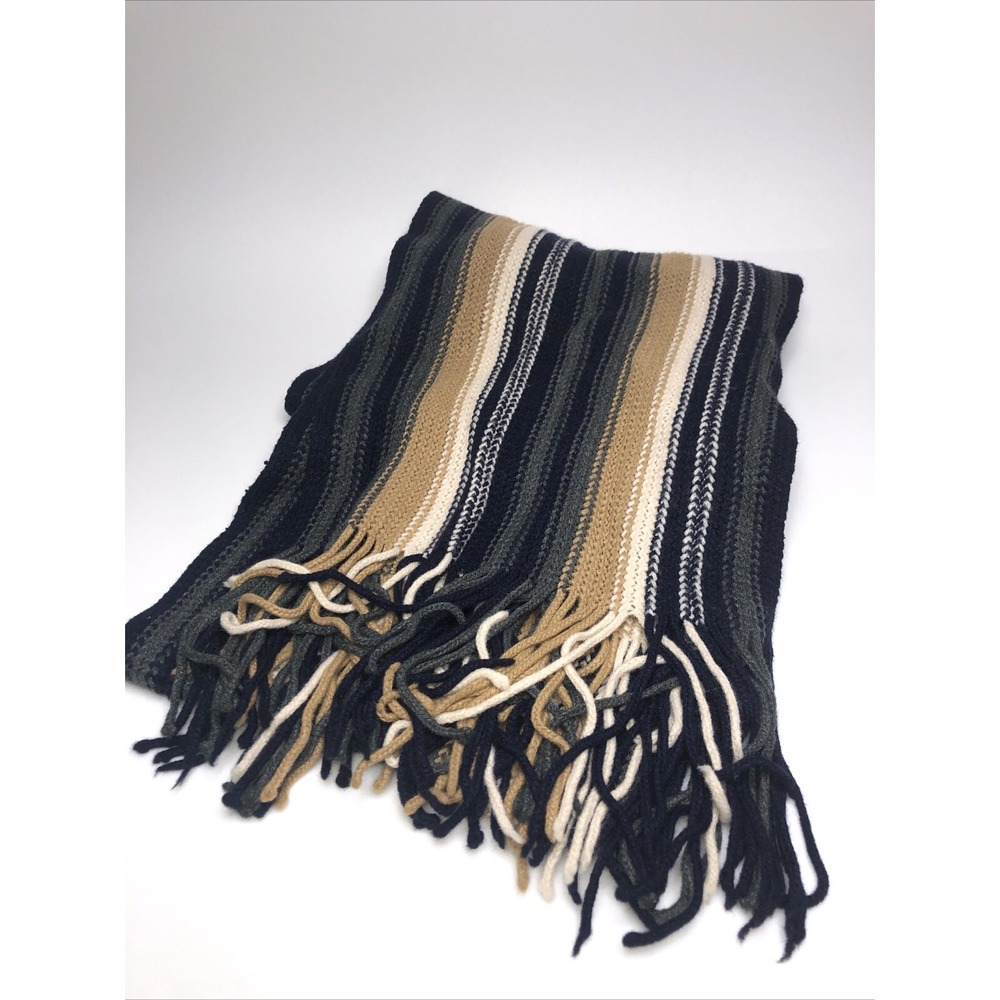 Women Men GRAYS‎ BLUE Gold  White Dark STRIPE KNIT WINTER SCARF fringe 80" x  9"